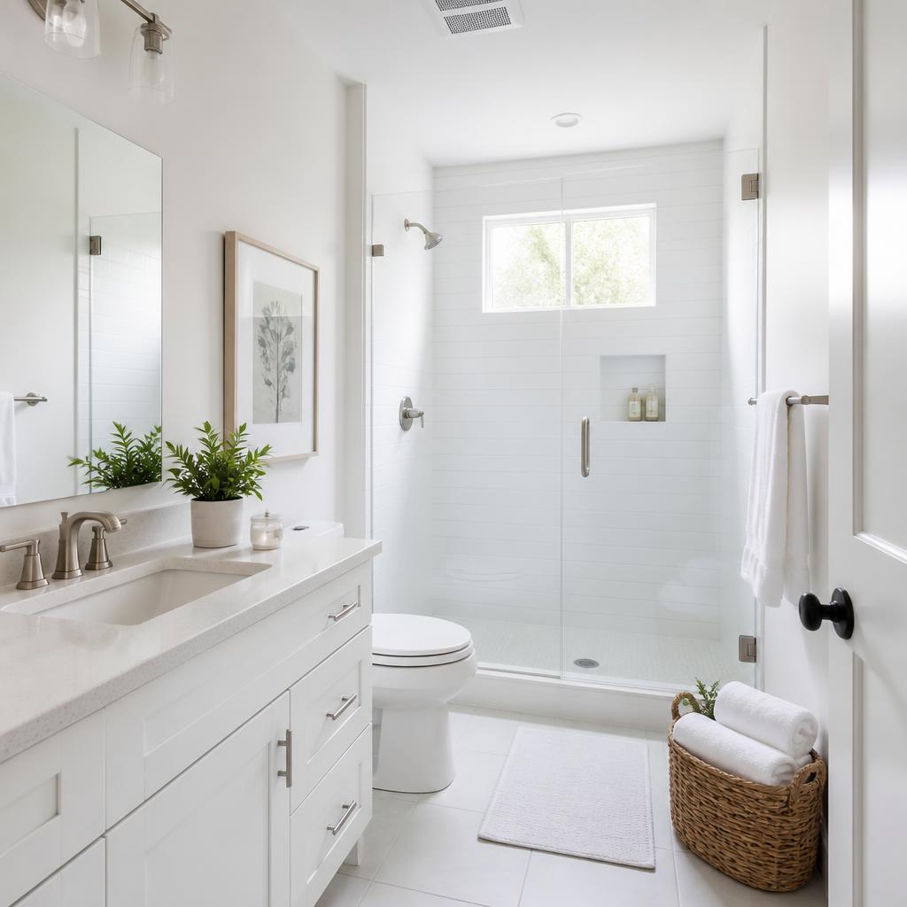 Spotless bathroom with fresh folded towels
