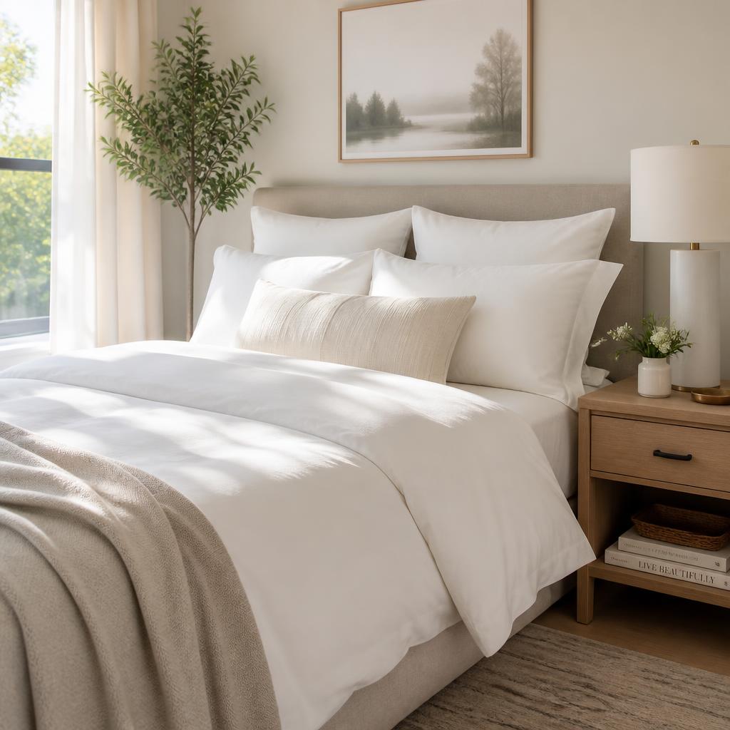 Neatly made bed with crisp white linens